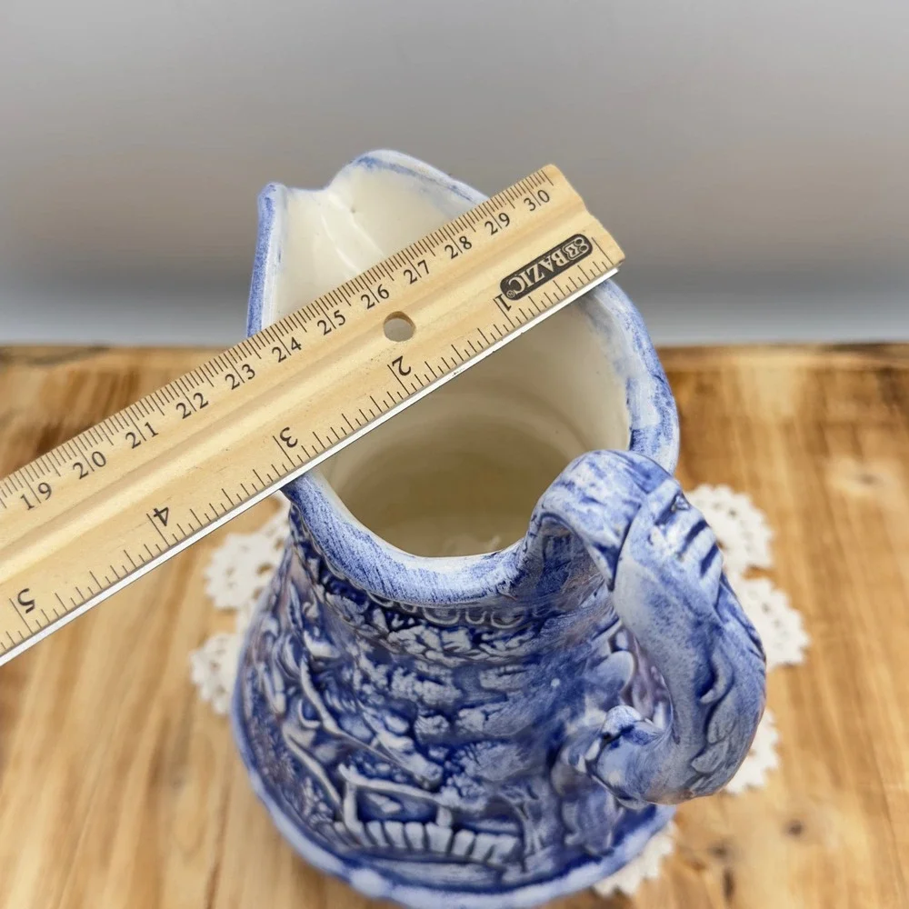 Vintage Blue and White Ceramic Relief Pitcher Tavern Scene Farmhouse Decor